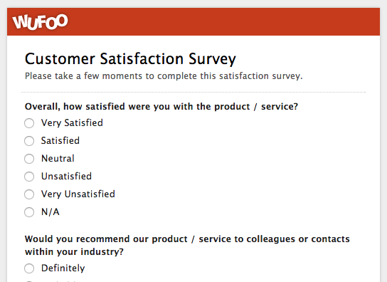 An example of a customer satisfaction survey made with Wufoo