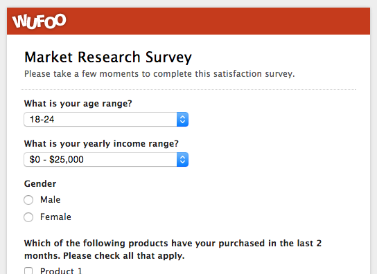 An example of a market research survey made with Wufoo