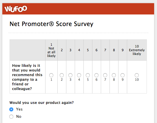 An example of a Net Promoter Score® survey made with Wufoo