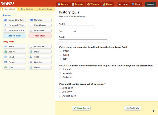 history quiz form example