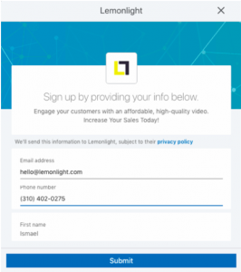 Lead gen form from Lemonlight on Linkedin