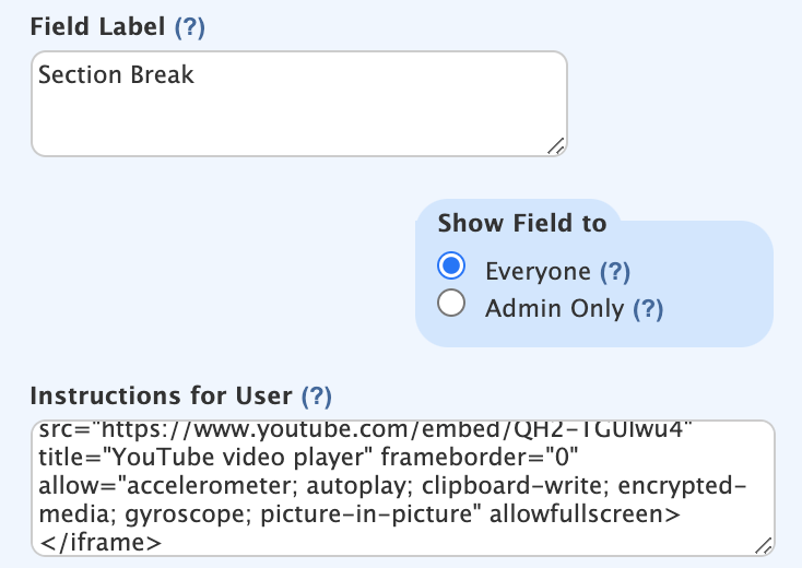 Adding video to section break - Wufoo